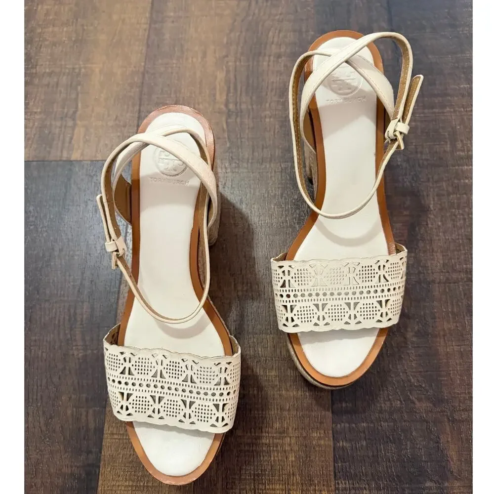 Tory Burch Espadrille Block Heel Sandals Ivory Leather Ankle Strap Size 9.5